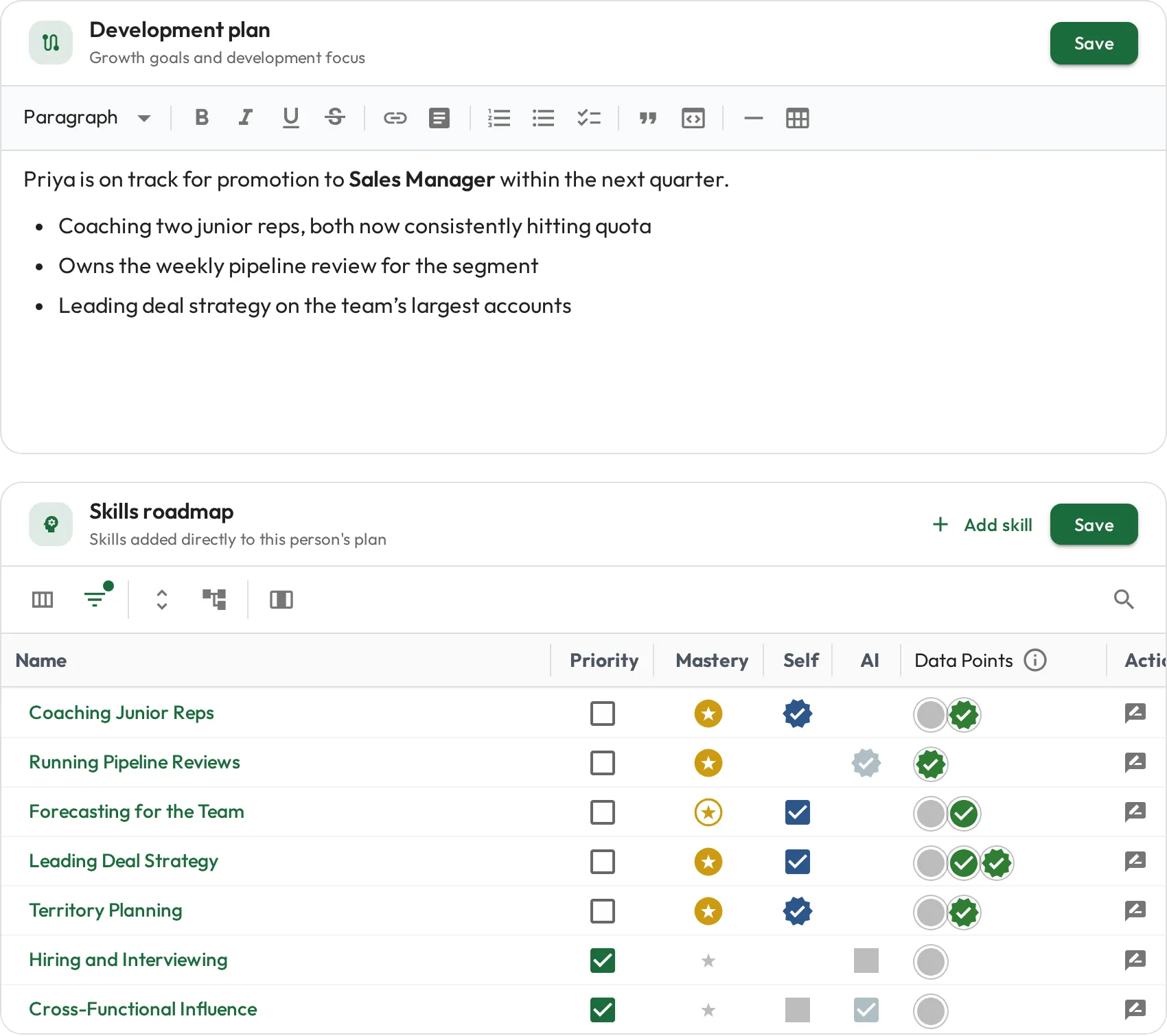 A rep's career plan showing promotion readiness, with career-plan skills mostly mastered